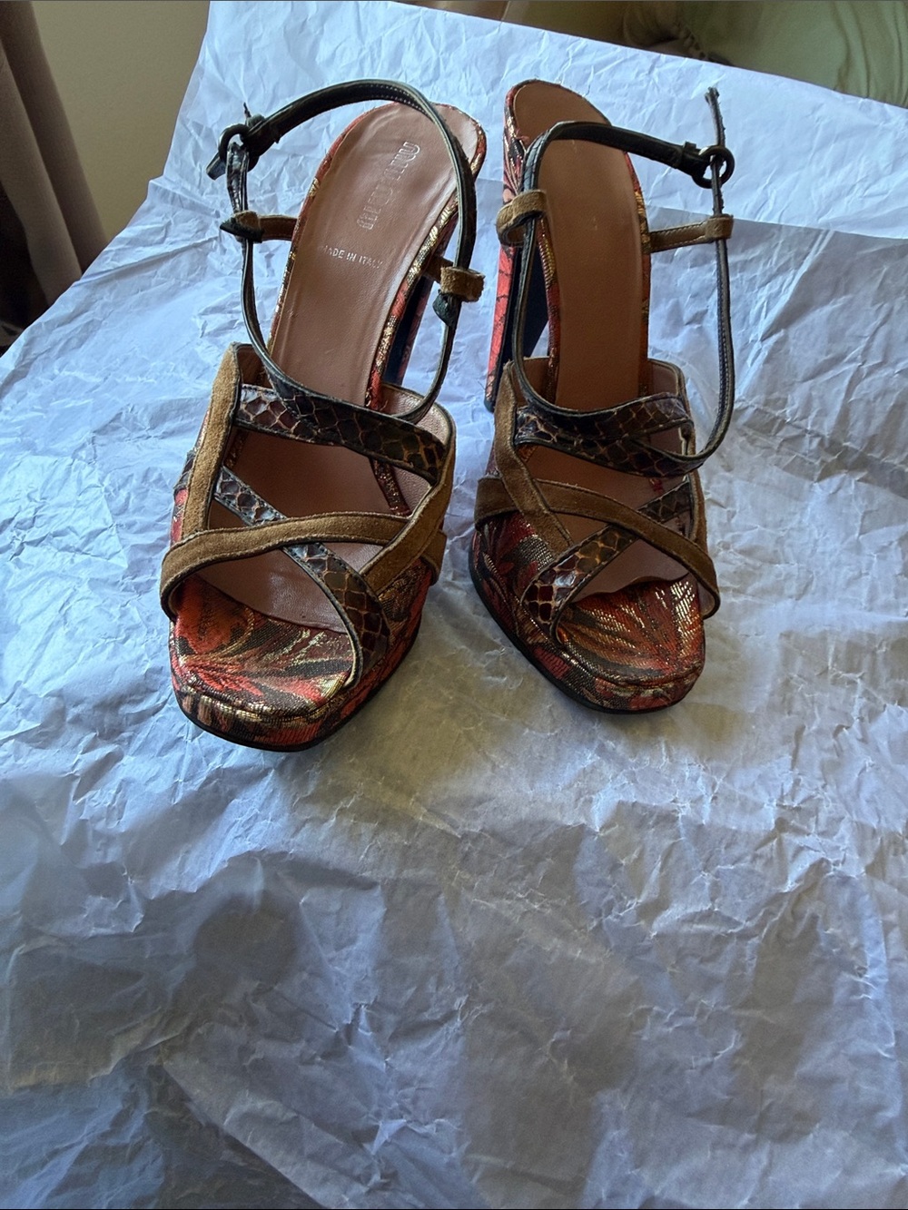 Miu Miu Brown Suede & Multicolor Patterned High Heel Sandals